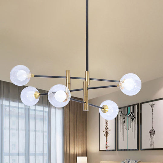 Contemporary Brass Pendant Lamp- 6-Light Bedroom Linear Chandelier with Clear Glass Shades