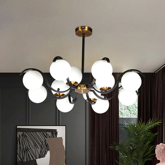 Minimalist Globe Pendant Chandelier - 12 Lights Milky Glass Down Lighting Black