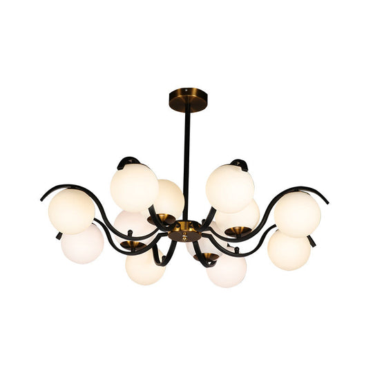 Minimalist Globe Pendant Chandelier - 12 Lights Milky Glass Down Lighting Black