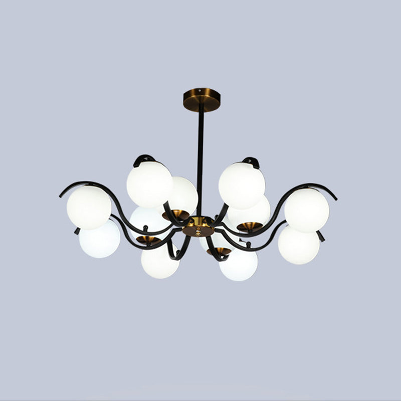 Minimalist Milky Glass Globe Pendant Chandelier - 12 Lights, Down Lighting - Black - Living Room