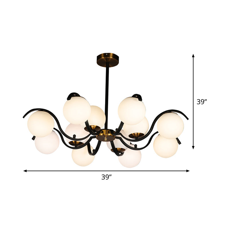 Minimalist Globe Pendant Chandelier - 12 Lights Milky Glass Down Lighting Black