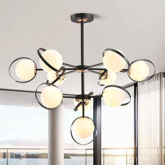 Opal Glass 3-Tier Modo Pendant Chandelier - Modern Black 10-Head Hanging Light with Ring Detail