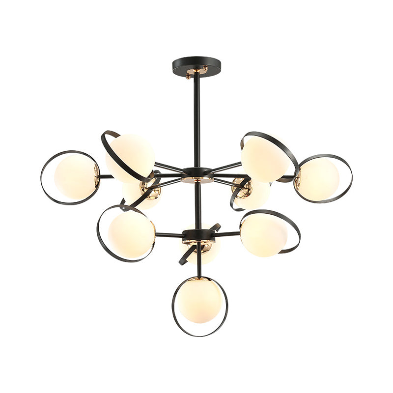 Opal Glass 3-Tier Modo Pendant Lighting Chandelier - Modern 10-Head Black With Ring Detail