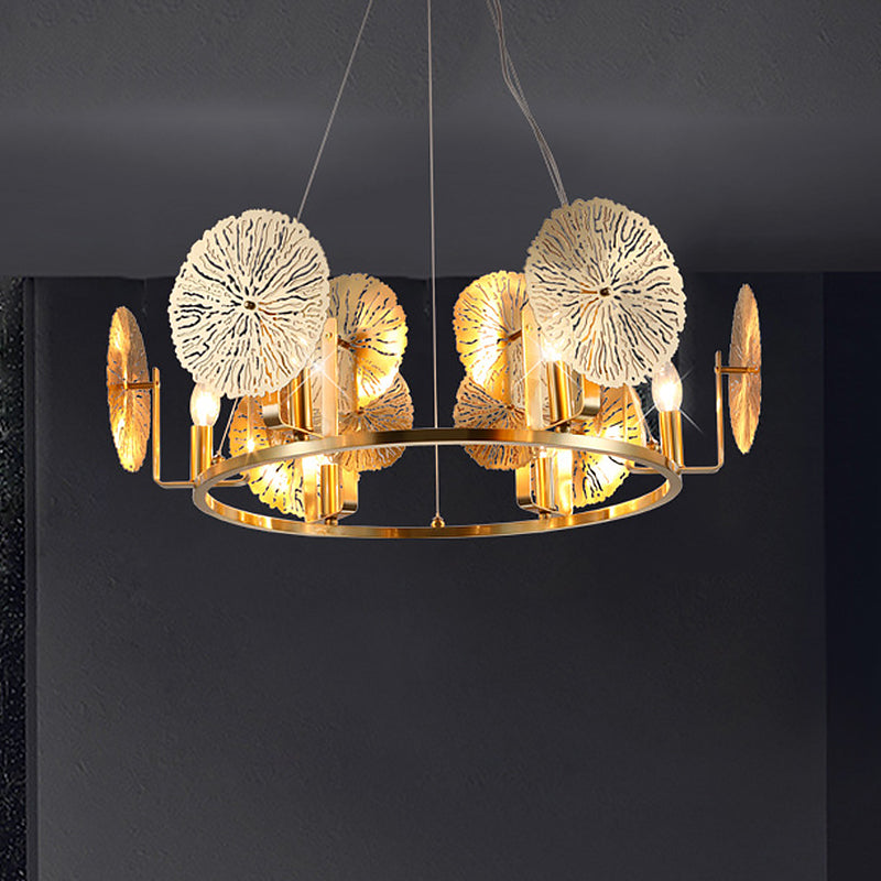 Modern Lotus Leaf Chandelier - Metal 6-Light Brass Hanging Light with Ring Design for Living Room