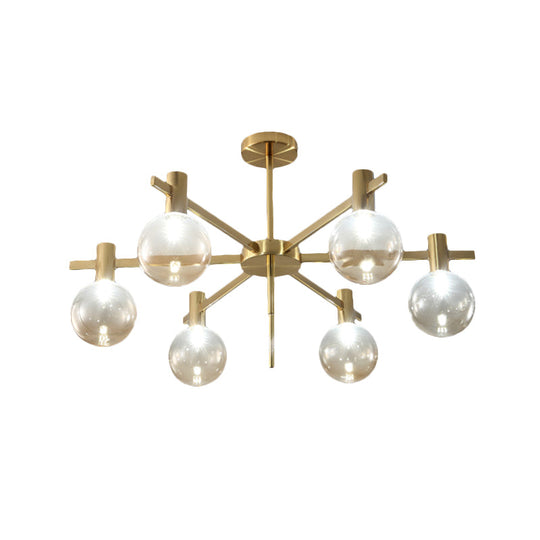 Post-Modern Led Chandelier With Clear Glass And Brass Finish - 6-Bulb Hanging Lamp Kit