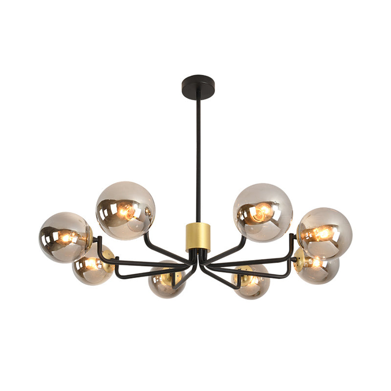 Modern 8-Head Brass And Black Chandelier With Grey Glass Spherical Suspension Radial Design