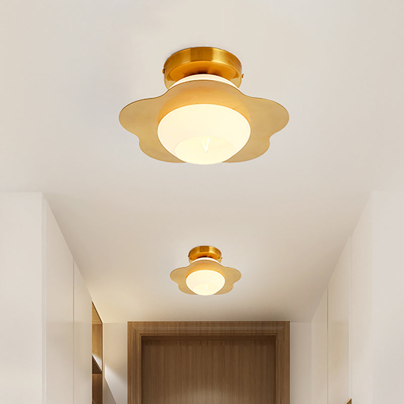 Contemporary Gold Flush Mount Hallway Light with White Glass Shade