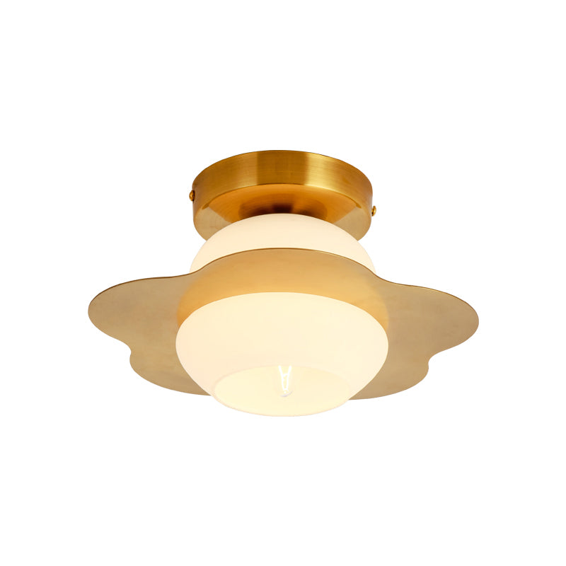 Contemporary Gold Flush Mount Hallway Light with White Glass Shade