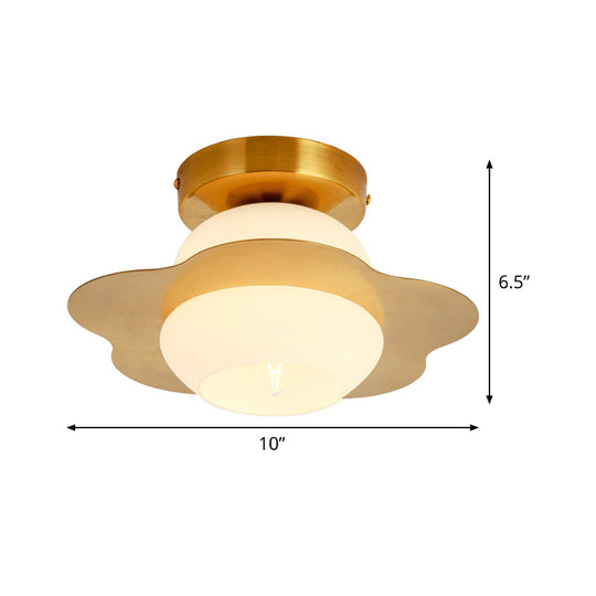 Contemporary Gold Flush Mount Hallway Light with White Glass Shade