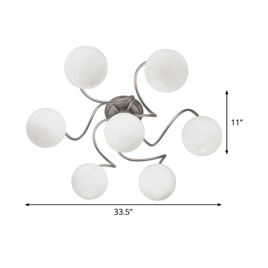Contemporary 7-Light Semi Flush Lamp with Frosted White Glass Shade - Silver Modo Ceiling Fixture