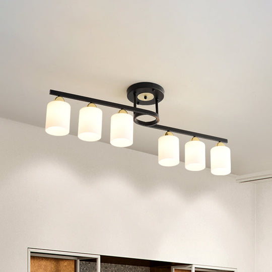 Modern Black Semi Flushmount Ceiling Light With Cylinder Cream Glass Shades - 6 Lights For Living