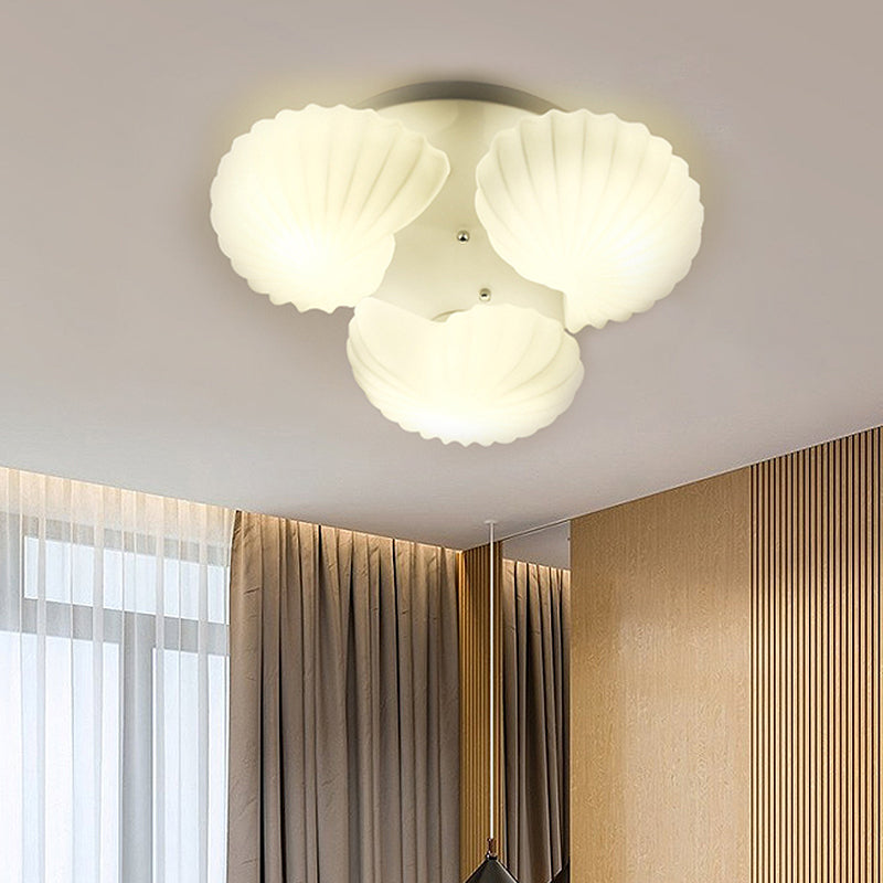 Modern Shell Shape Bedroom Flush Mount Ceiling Light in White Glass, Available in 3/5/7 Lights