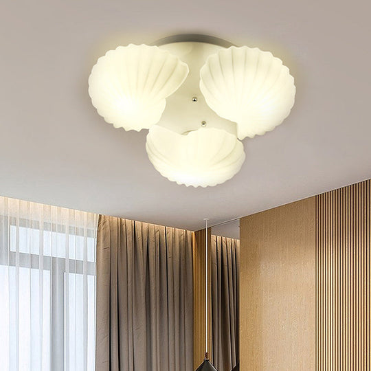 Modern Shell Shape Bedroom Flush Mount Ceiling Light in White Glass, Available in 3/5/7 Lights