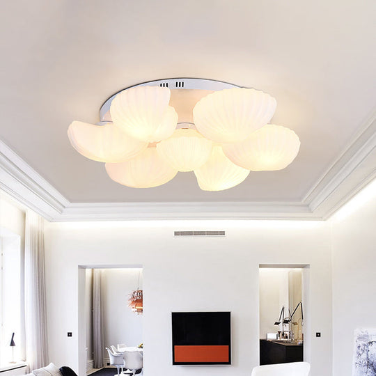 Modern Shell Shape Bedroom Flush Mount Ceiling Light in White Glass, Available in 3/5/7 Lights