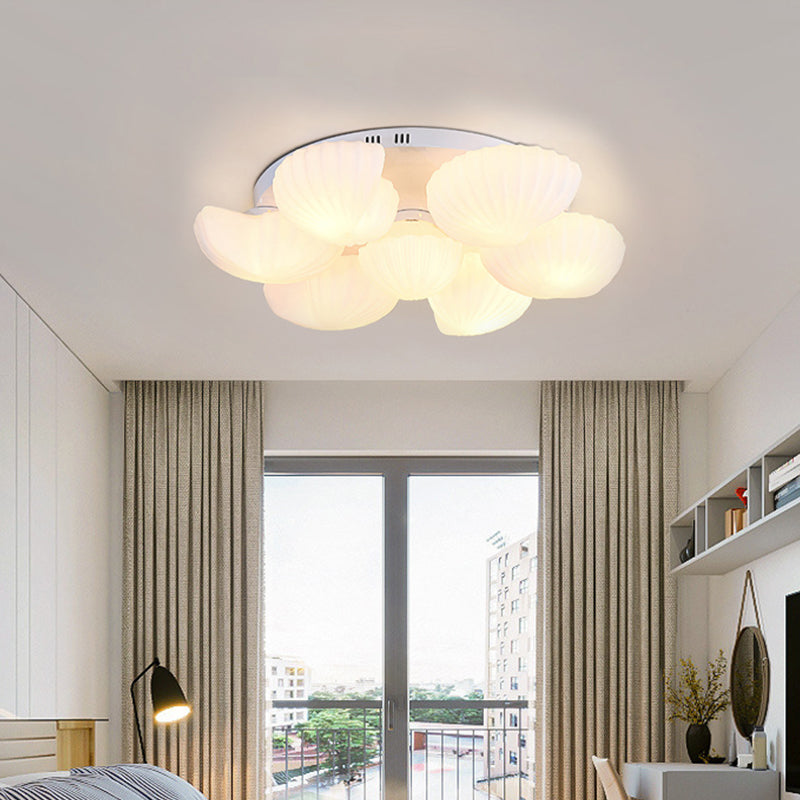 Modern Shell Shape Bedroom Flush Mount Ceiling Light in White Glass, Available in 3/5/7 Lights