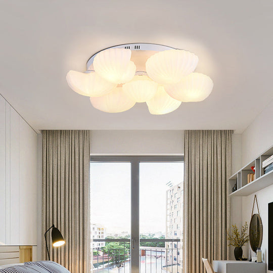 Modern Shell Shape Bedroom Flush Mount Ceiling Light in White Glass, Available in 3/5/7 Lights