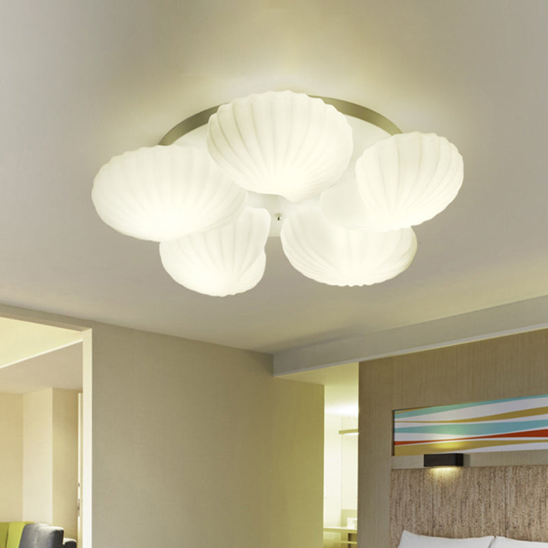 Modern Shell Shape Bedroom Flush Mount Ceiling Light in White Glass, Available in 3/5/7 Lights