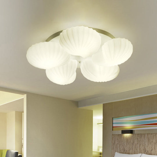 Modern Shell Shape Bedroom Flush Mount Ceiling Light in White Glass, Available in 3/5/7 Lights