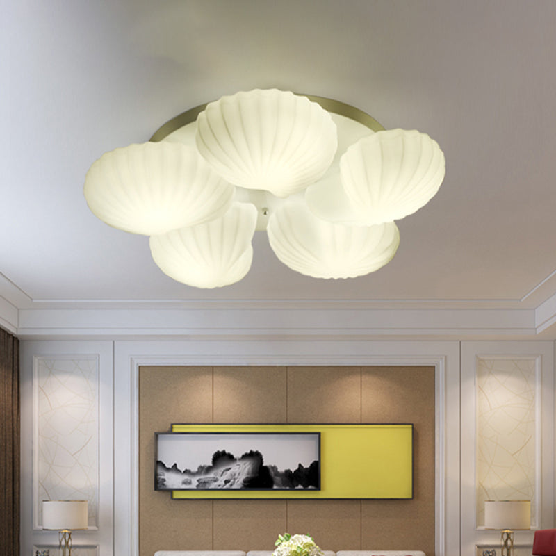 Modern Shell Shape Bedroom Flush Mount Ceiling Light in White Glass, Available in 3/5/7 Lights