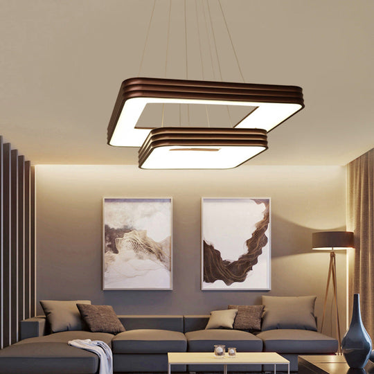 Modern 2-Tier Square Metal LED Chandelier in Brown for Living Room Ceiling - White/Warm/Natural Light