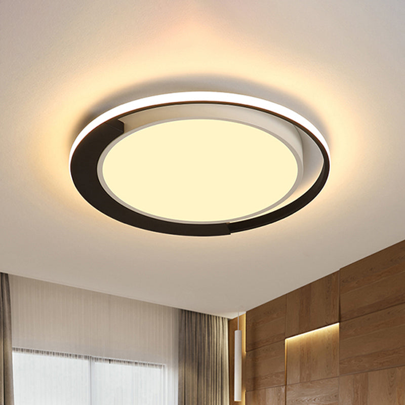 Modern LED Black and White Round Flush Ceiling Lamp with Recessed Diffuser, 16"/19.5" Wide, in White/Warm Light