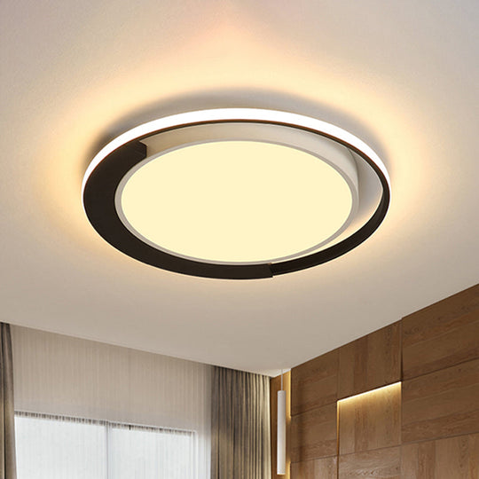 Modern LED Black and White Round Flush Ceiling Lamp with Recessed Diffuser, 16"/19.5" Wide, in White/Warm Light