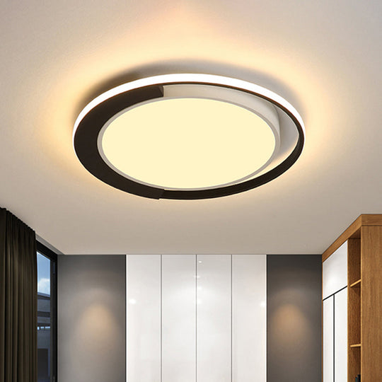 Modern LED Black and White Round Flush Ceiling Lamp with Recessed Diffuser, 16"/19.5" Wide, in White/Warm Light
