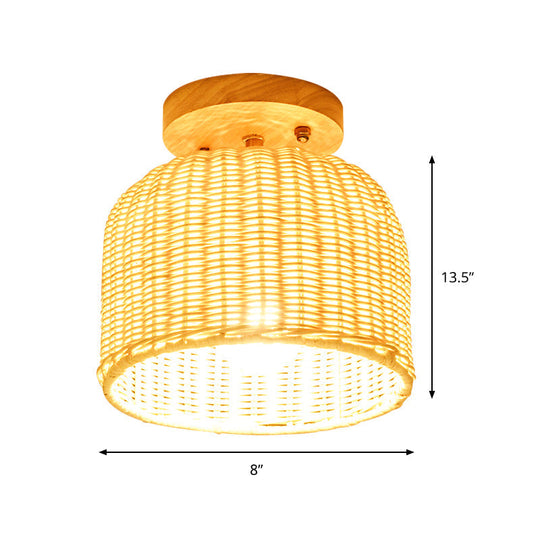Contemporary Beige Bowl/Cylindrical Bamboo Ceiling Mount Light Fixture - 1 Head Semi-Mount Lighting