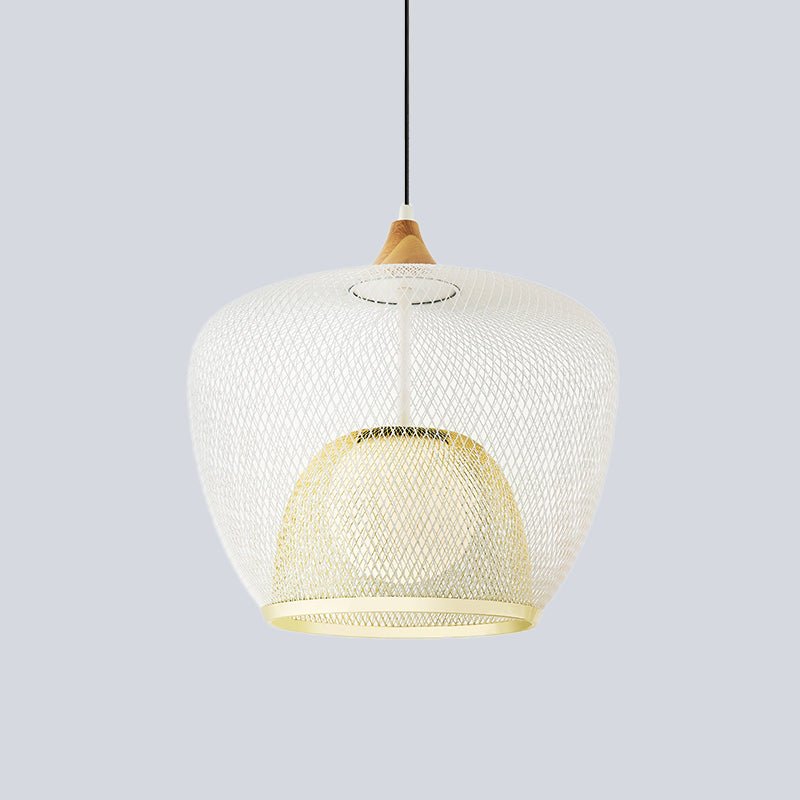 Modern 1 Bulb Pendant Light with Iron Mesh Shade & White/Blue Woven Basket