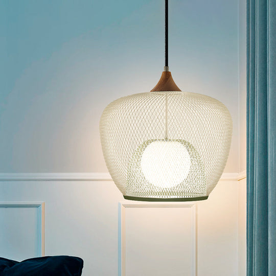 Modern 1 Bulb Pendant Light with Iron Mesh Shade & White/Blue Woven Basket