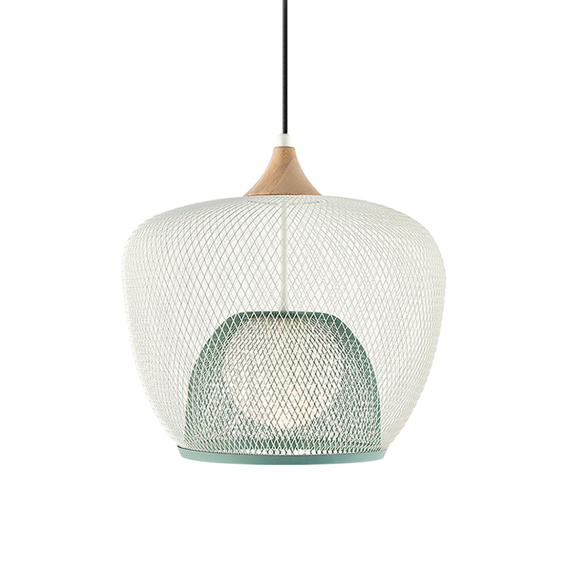Modern 1 Bulb Pendant Light with Iron Mesh Shade & White/Blue Woven Basket