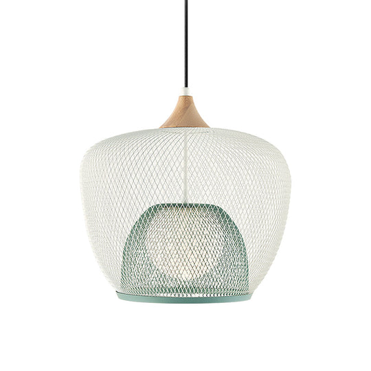 Modern 1 Bulb Pendant Light with Iron Mesh Shade & White/Blue Woven Basket