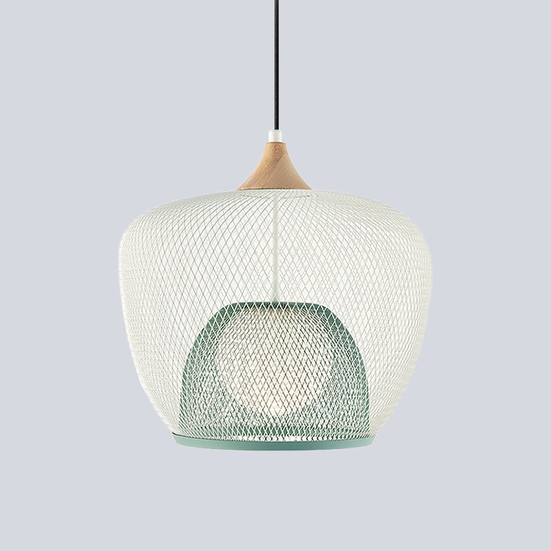 Modern 1 Bulb Pendant Light with Iron Mesh Shade & White/Blue Woven Basket