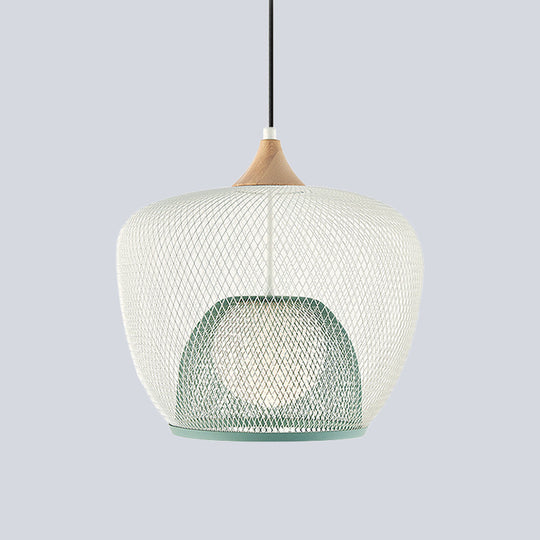 Modern 1 Bulb Pendant Light with Iron Mesh Shade & White/Blue Woven Basket