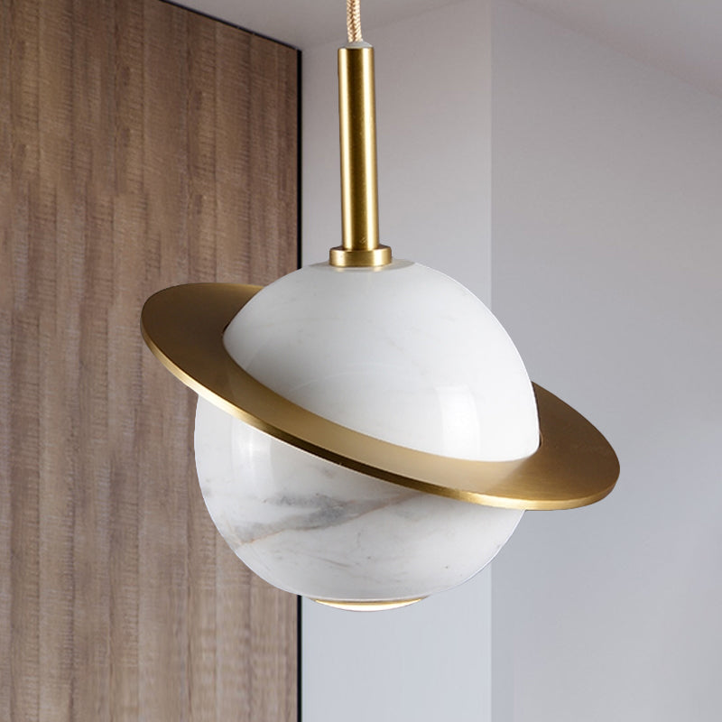 Modern Led Marble Sphere Ceiling Pendant Lamp With Trapped Ring - White/Black/Green Finish White