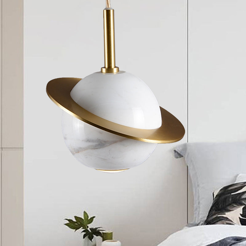 Modern Marble Sphere Ceiling Light: White/Black/Green LED Pendant Lamp with Trapped Ring