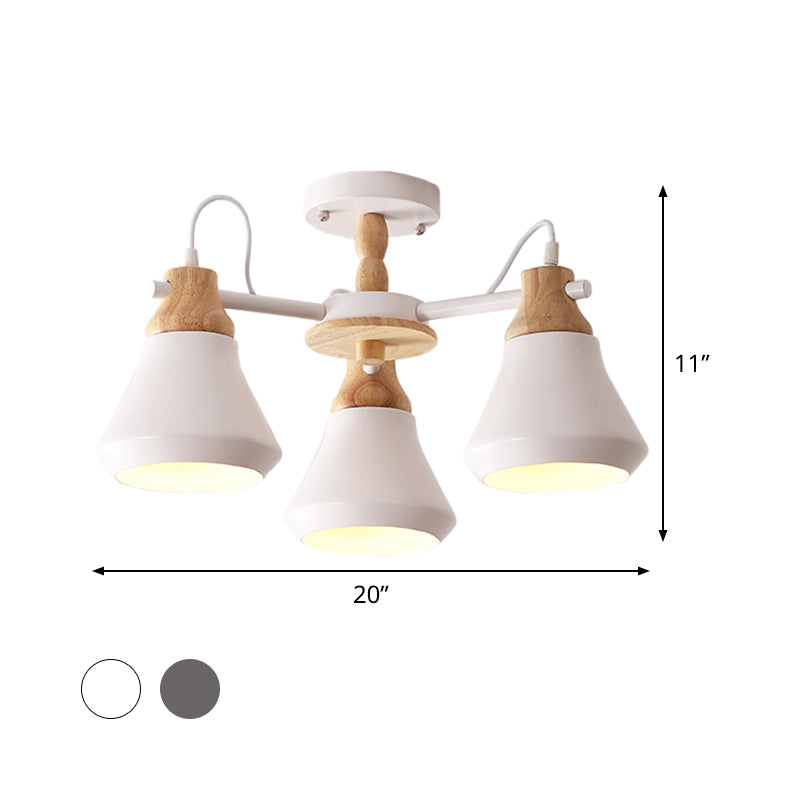 Plafonnier moderne en métal à 3 têtes pour salle à manger - Lampe semi-encastrée radiale élégante en blanc/gris