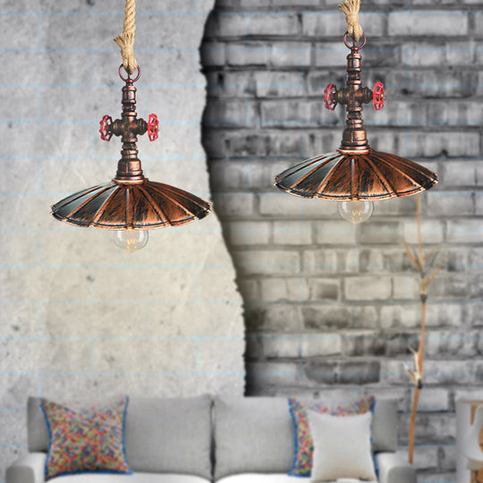 Industrial Rustic Scalloped Pendant Light with Rope Cord