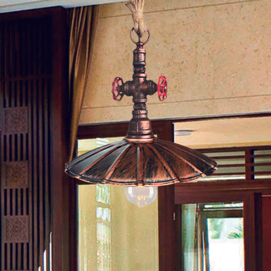 Industrial Rustic Scalloped Pendant Light with Rope Cord