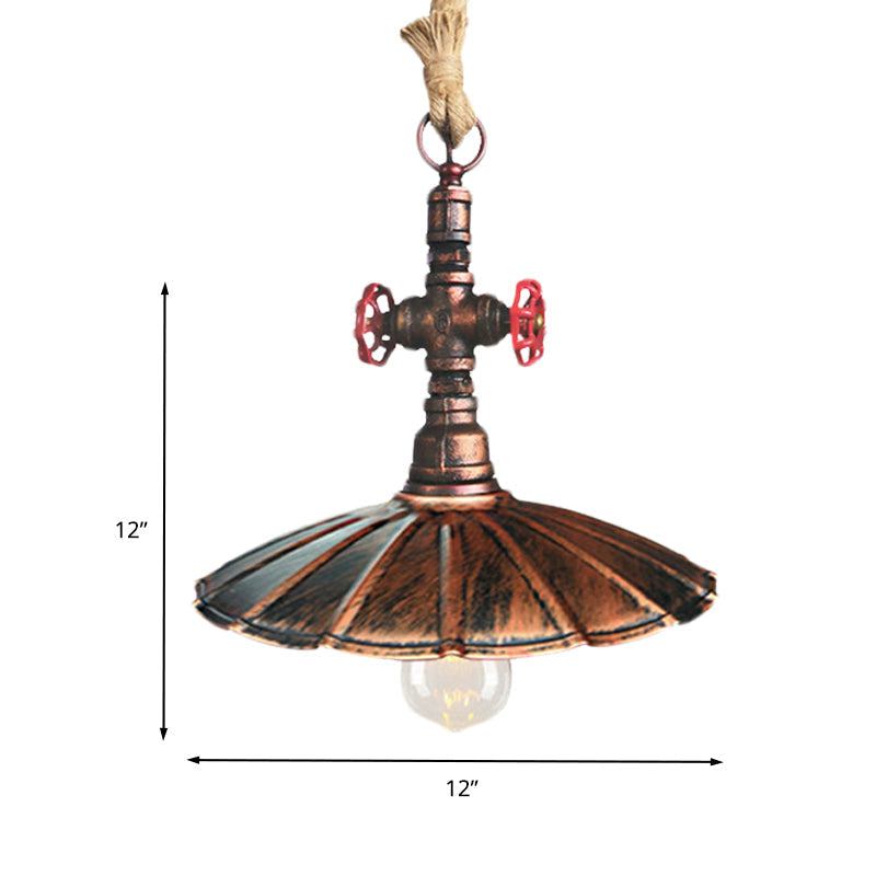 Industrial Metal Scalloped Pendant Lamp With Rust Finish And Knots Rope Cord - 1 Light Hanging
