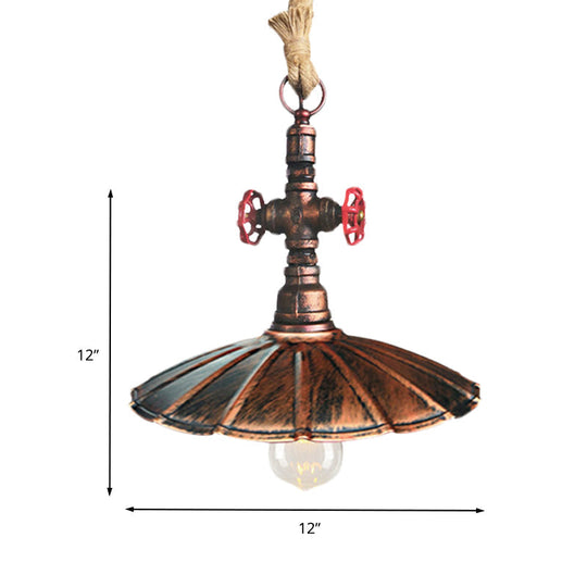 Industrial Metal Scalloped Pendant Lamp With Rust Finish And Knots Rope Cord - 1 Light Hanging
