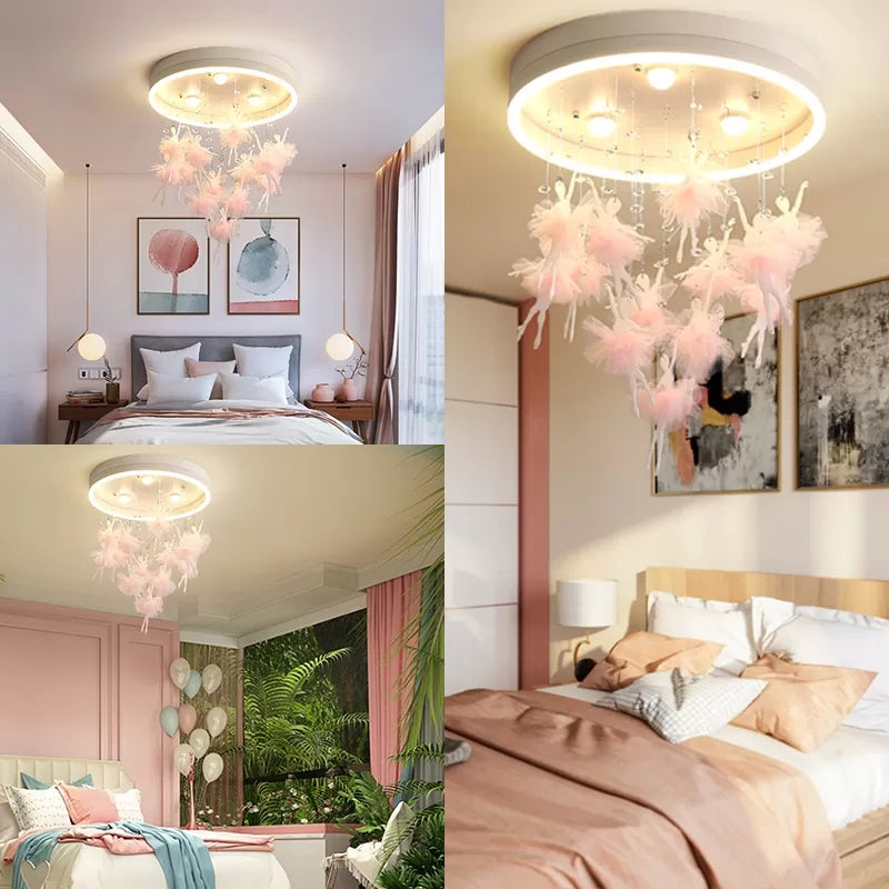 Ballet Kids Acrylic Ceiling Lamp for Girls Bedroom - Round Canopy Flush Ceiling Light