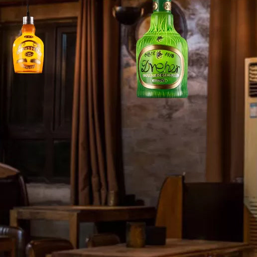 Antique Style Glass Pendant Light: Wine Bottle Restaurant Lamp (Adjustable 1-Light Red/Yellow)