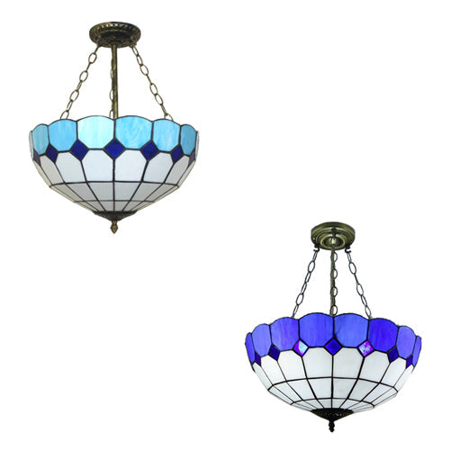 Plafonnier en forme de bol en verre teinté bleu Tiffany - Lampe à montage inversé en treillis de café (12"/18" W)