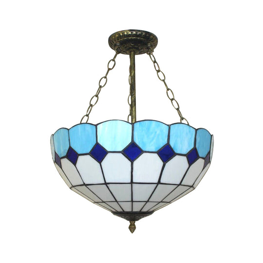 Plafonnier en forme de bol en verre teinté bleu Tiffany - Lampe à montage inversé en treillis de café (12"/18" W)