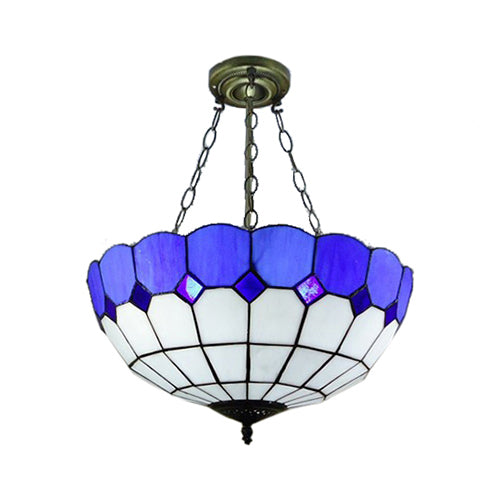 Plafonnier en forme de bol en verre teinté bleu Tiffany - Lampe à montage inversé en treillis de café (12"/18" W)