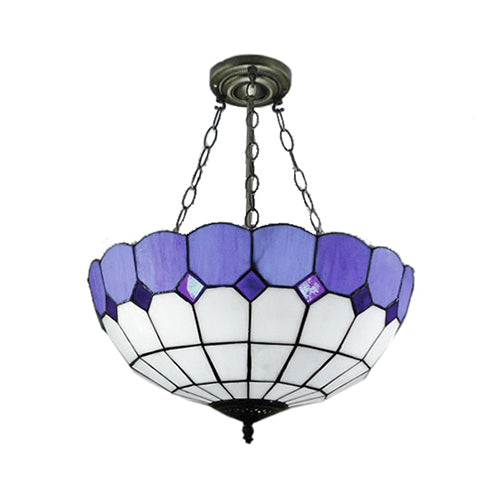 Plafonnier en forme de bol en verre teinté bleu Tiffany - Lampe à montage inversé en treillis de café (12"/18" W)