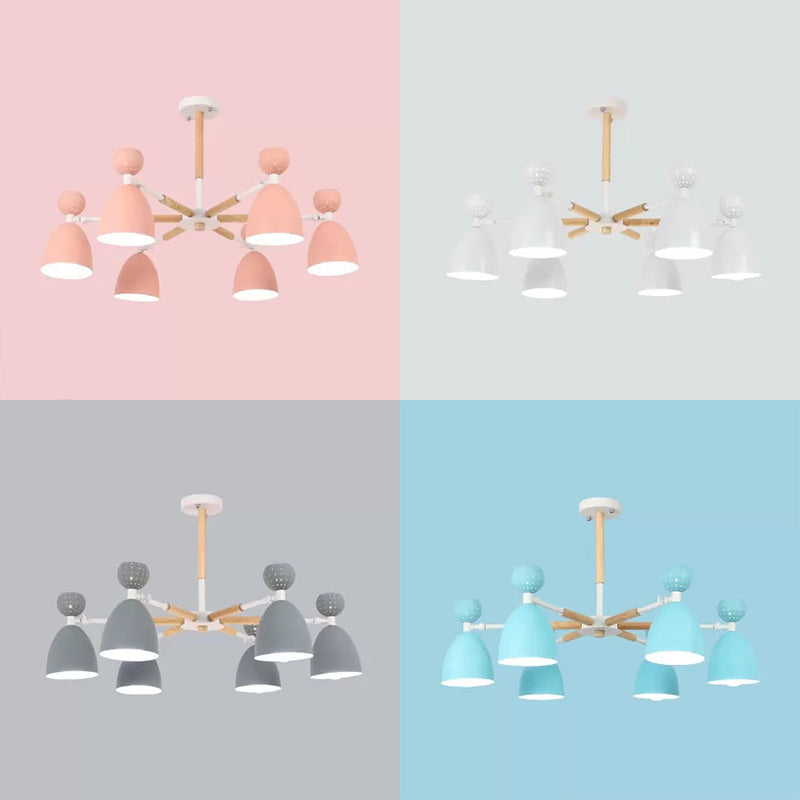Metal Domed Shade Chandelier - Macaron Loft Hanging Light For Childs Bedroom (6 Heads)