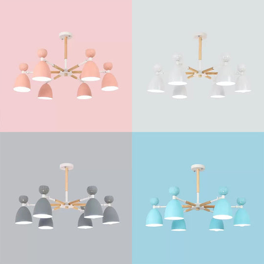 Metal Domed Shade Chandelier - Macaron Loft Hanging Light For Childs Bedroom (6 Heads)