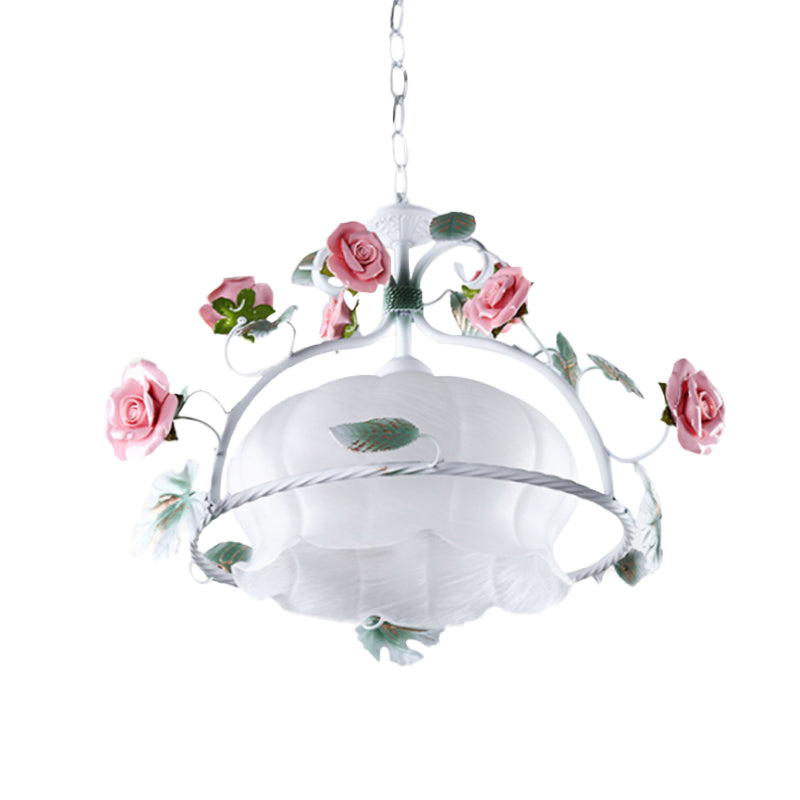 Pastoral Flower White Glass Led Pendant Light For Restaurants - Bulb Suspension Lamp